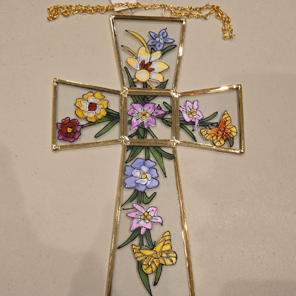 Avon Stained Glass Cross with Floral and Butterfly Design